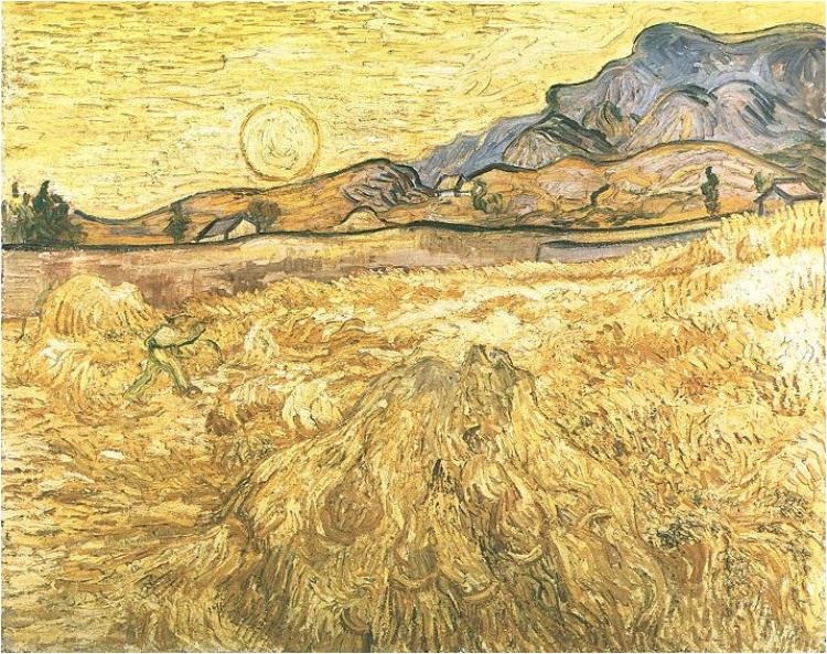 Vincent Van Gogh, Campo de trigo con segadora y sol, 1889